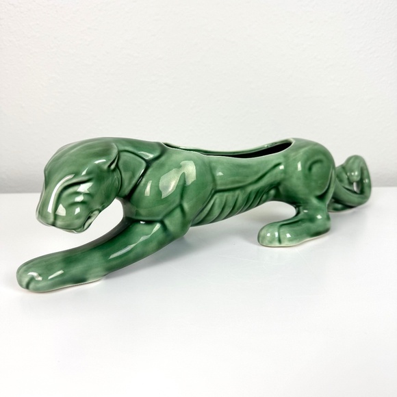 Vintage MCM Ceramic Panther Planter Green Glossy Glaze - Picture 1 of 7